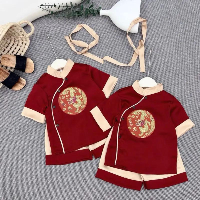 [ Hoa Hồng Qc ] Set cộc tay mặc tết chất lụa mềm mát TẶNG KHĂN cho bé trai mặc đi chơi , lễ tết