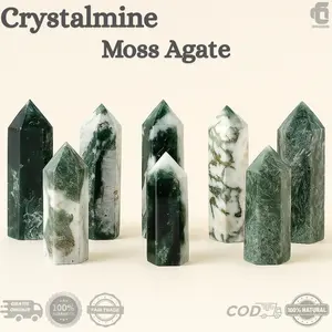 CRYSTALMINE Moss Agate Crystal Point / Batu Alam Kristal Crystals Tower Healing Natural Stone