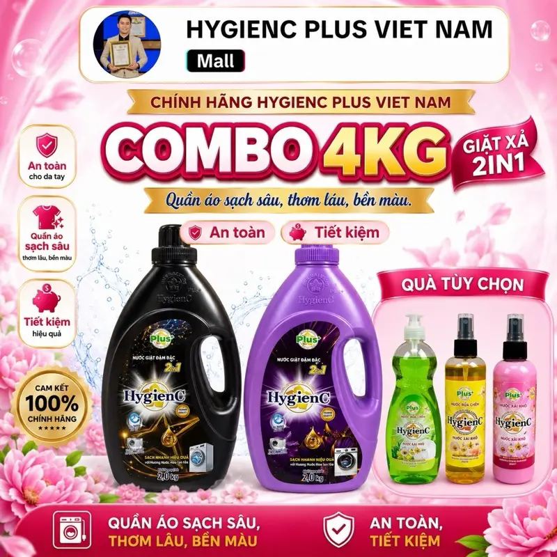 [CHÍNH HÃNG] Combo 4KG Giặt Xả 2in1 HygienC Plus,Có Giấy Tờ HD Cty, 2Canx2Kg,Làm Sạch Sâu Thơm lâu, Mềm Vải, Giặt Tay&Máy, Tuỳ chọn quà