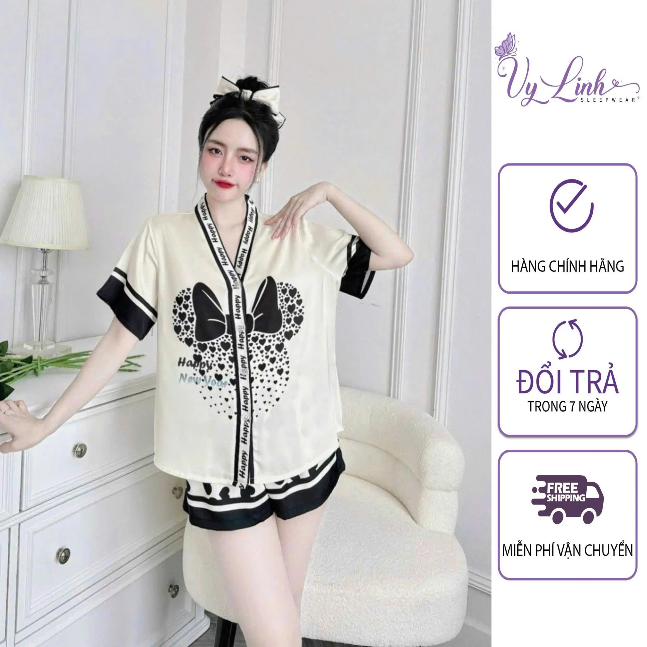 Bộ Đồ Pijama Cổ Y Dành Cho Nữ Hoạ Tiết Dễ Thương Chất Liệu VảI Lụa Latin Cao Cấp S1103-1