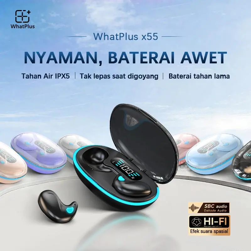 【COD】WhatPlus x55 Headphone TWS Bluetooth Gaming Nyaman Baterai Awet Tahan Air IPX5 Peredam Kebisingan Aktif Hi-Fi SBC Audio Headset Earphone Wireless Handphone