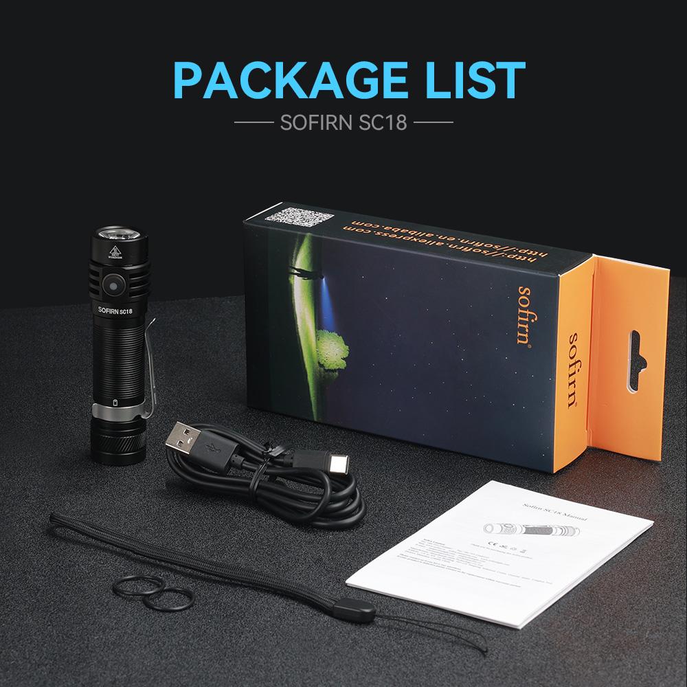 Sofirn SC18 Senter Kinerja Tinggi EDC 1800lm USB C Maksimal 23 Jam Isi Ulang LED SST40 18650 3000mAh dengan Lensa Optik TIR dan Indikator Daya Lampu