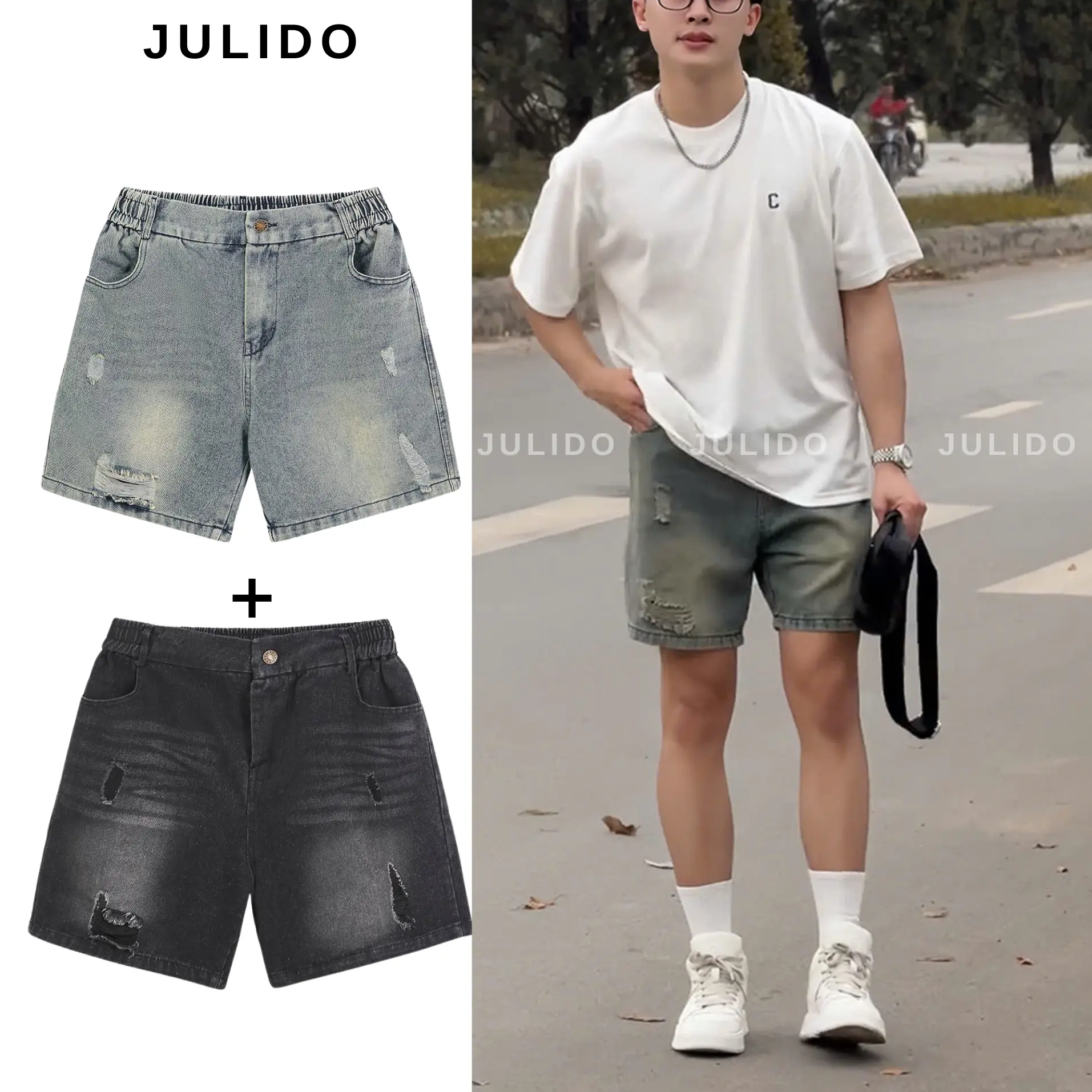Combo 2 Quần short jean nam  JULIDO cạp khuy, quần short bò khuy cài, chất liệu vải jean co dãn