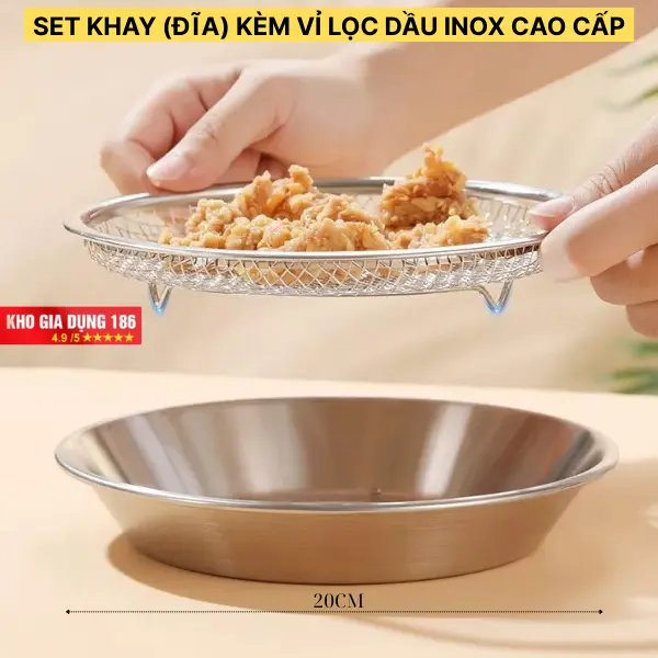 Bộ Khay Đĩa Kèm Vỉ Lưới Lọc Dầu Inox Cao Cấp Kích Thước 20CM Tiện Dụng Cho Mọi Gian Bếp Đựng Thực Phẩm Chiên Rán Luộc Hấp An Toàn Bền Bỉ