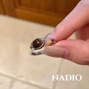 [Nadio] Cincin batu mata harimau bentuk lonjong model vintage bukaan dapat diatur untuk jari telunjuk wanita A399