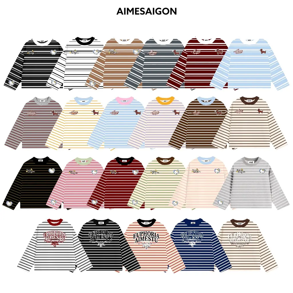 [TDSN] Aimesaigon Áo Thun Tay Dài Sọc Ngang Thun Borip QC Long Sleeve Boxy AIMÉ Form Rộng Cổ Tròn "DOG - EUPHORIA - KITTY" Unisex Nam Nữ Basic Dễ Phối Đồ Casual Áo thu đông