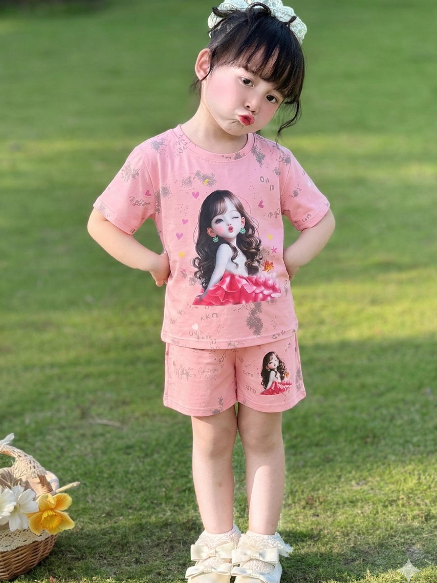Bộ Cộc Tay Chất Cotton Hình In Bé Gái [9-42kg] - Đồ Bộ Mùa Hè EC