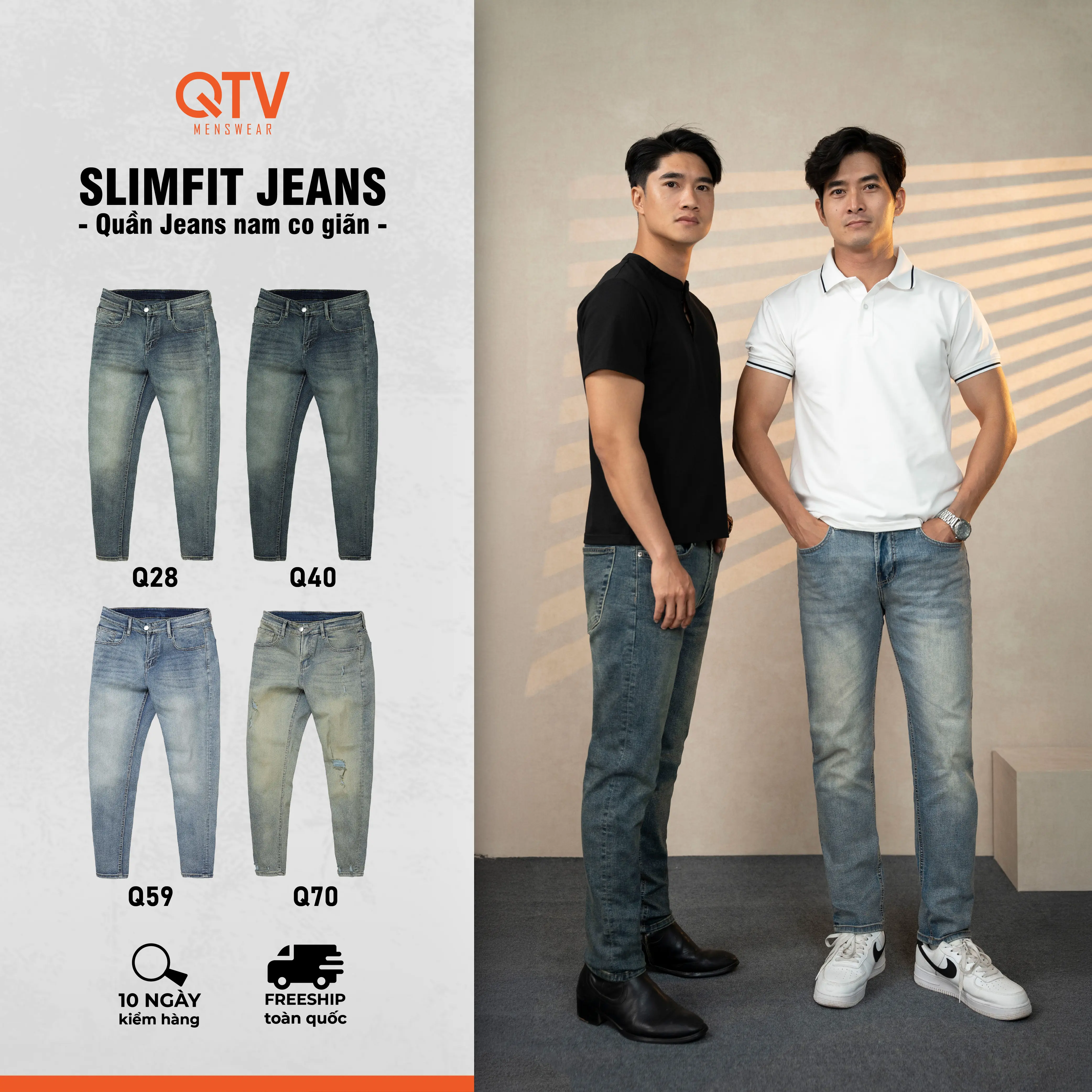 [QTV2 - BST] Quần jean nam co giãn form slim fit, 5 màu cá tính, bụi bặm Q40, Q59, Q70, Q28 Pants Menswear Có Túi Cotton Denim