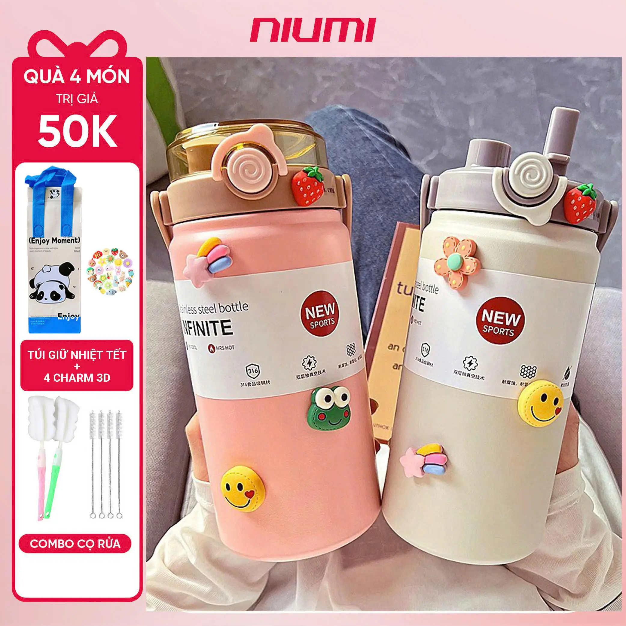 <Tặng Túi Giữ Nhiệt> Bình giữ nhiệt Boss NIUMI inox 316 dung tích 1200ml thiết kế đơn giản, màu sắc nhẹ nhàng, xinh xắn