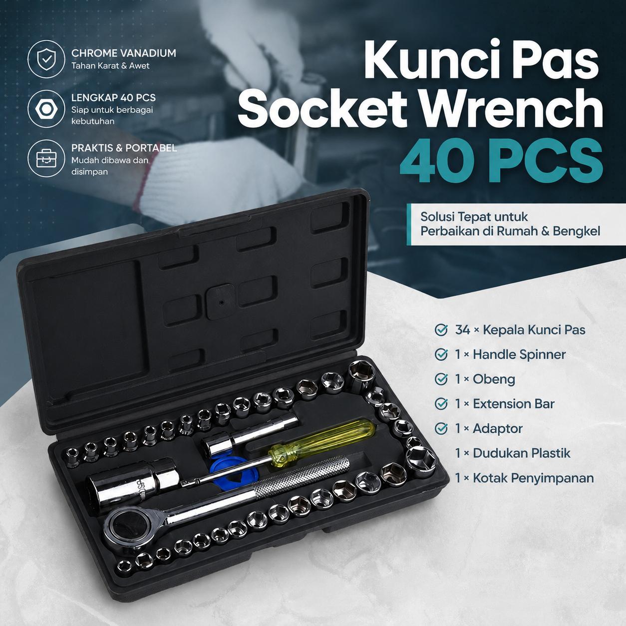 Aiwa Kunci Pas Combination Socket Wrench Set 1/4 Ratchet 40 PCS - DB2020