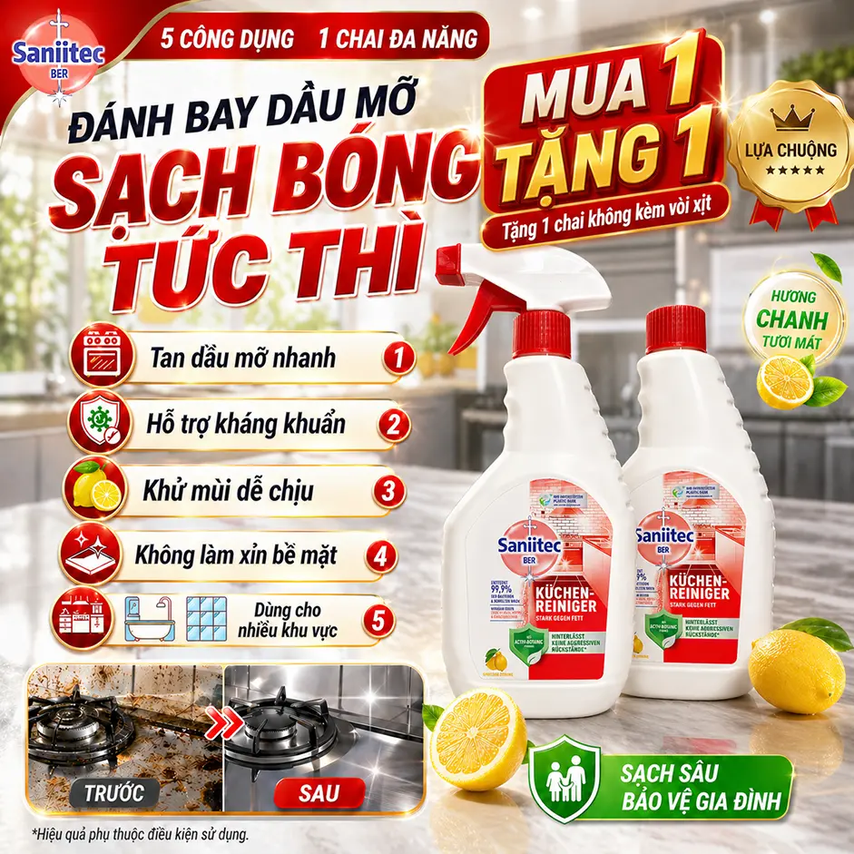 【MUA 1 TẶNG 1】 2 chai kèm 1 đầu xịt Nước Rửa Bếp Saniitec 500ml Diệt 99.9% Vi Khuẩn - Khử Dầu Mỡ Cứng Đầu & Mùi Hôi Hiệu Quả | Không Cặn, An Toàn Da Tay | Công Nghệ Đức - Chuyên Dụng Cho Bếp Gia Đình