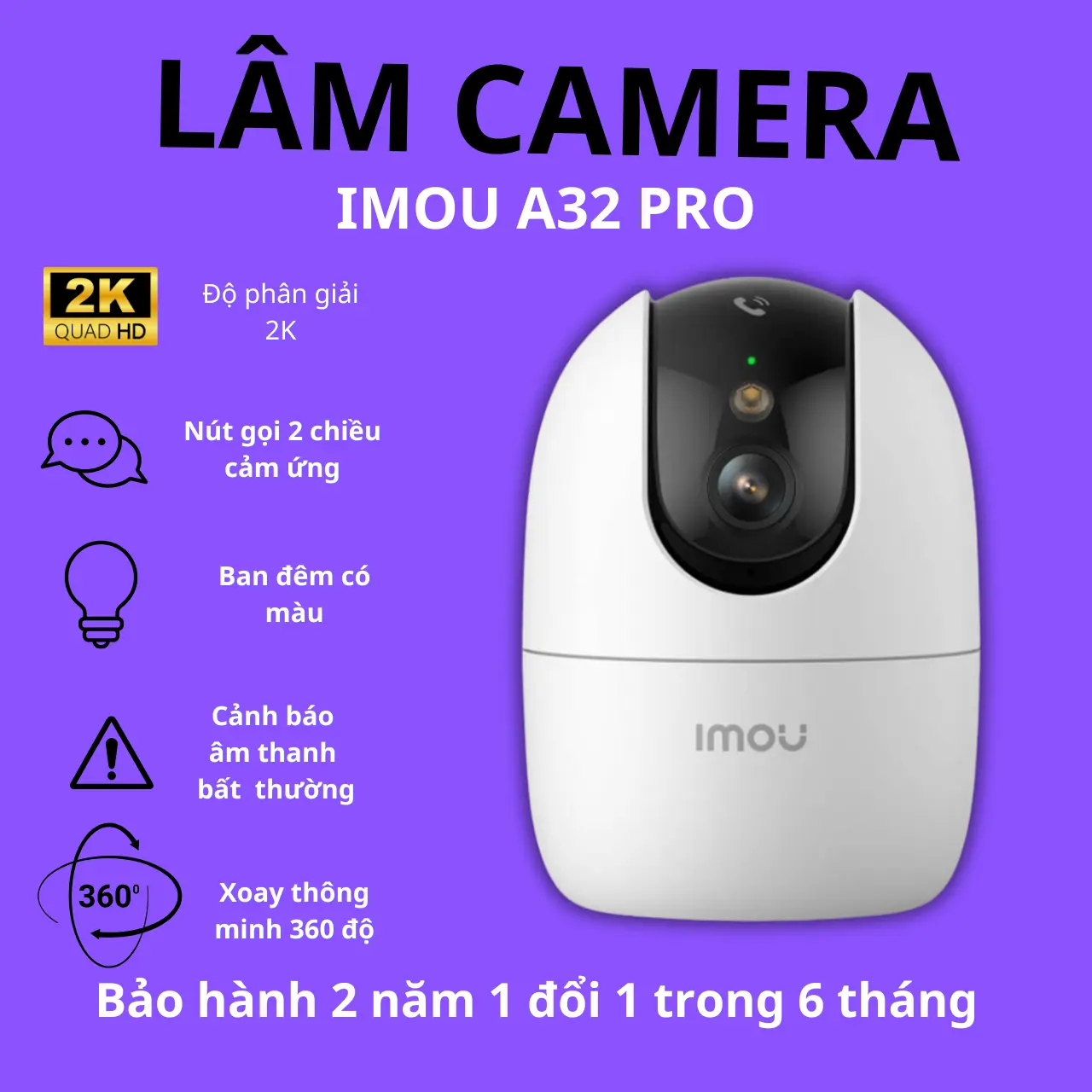 (TOP BÁN CHẠY) Camera wifi Imou A32-Pro 2k-3M Xoay 360 độ Có đèn LED cảnh báo ban đêm có màu  báo động bằng còi hú và nhắn tin về điện thoại, có tính năng chống trộm và nhìn đêm,  ( mua 1 camera tặng 1 chân đế )