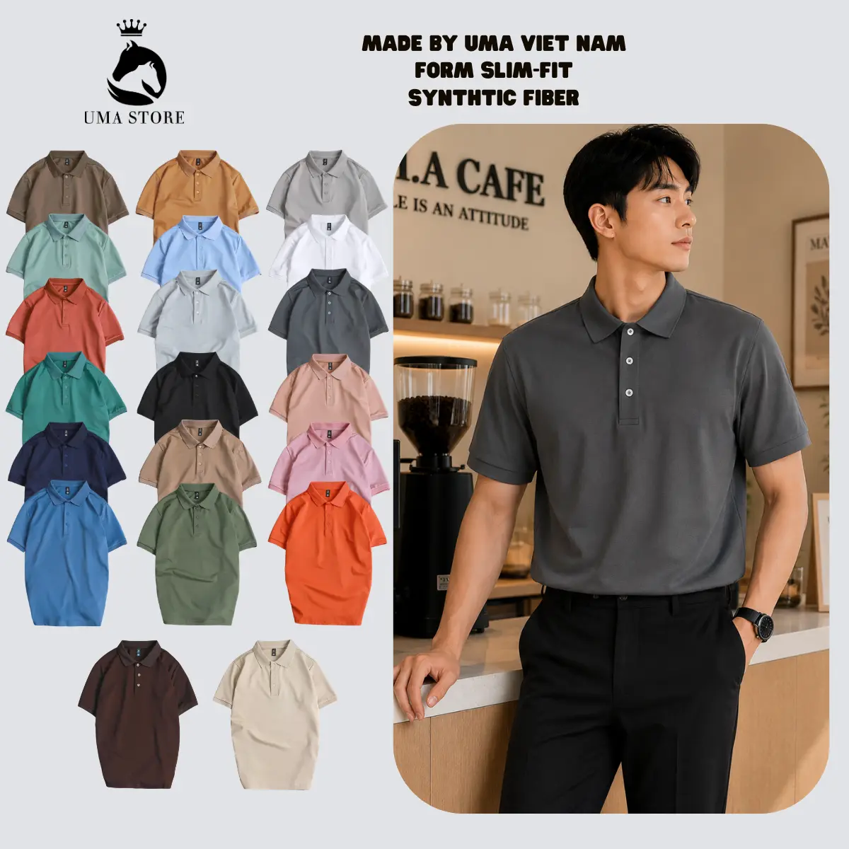 Áo thun polo nam vải cá sấu có cổ trơn basic cao cấp UMA 20 màu new 2026 Menswear Top Menswear Shirt ( POLOUMAOR ) Cam đen trắng xanh be