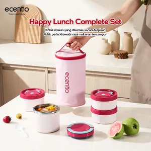 【PO 1 July】【susanti exclusive】ecentio Set Kotak Makan Stainless 304 Tahan Panas | Opsi Gelas Sup 630ml & Tas Insulasi Silinder Anti Bocor Pink Muda