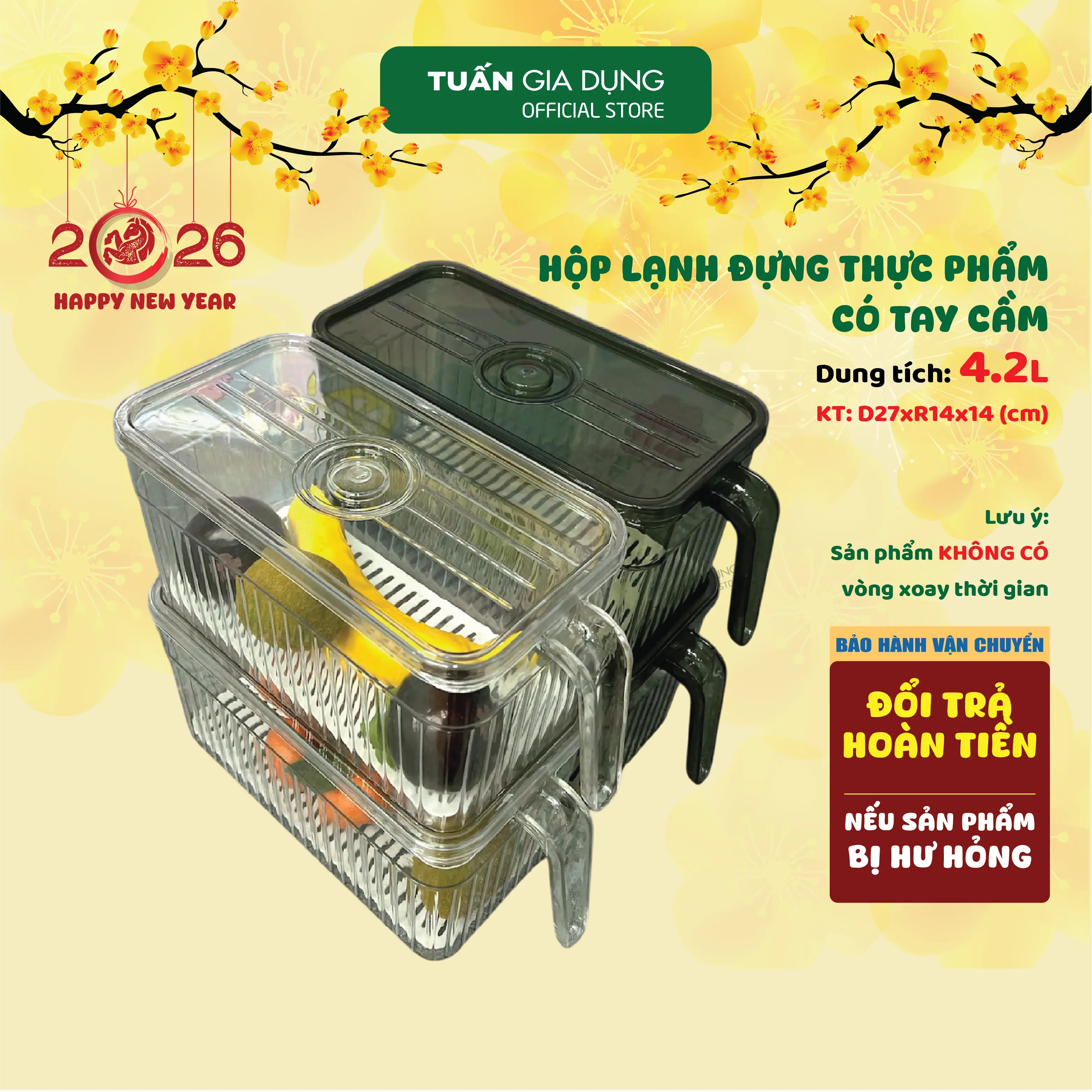 Hộp đựng thực phẩm, rau củ quả đựng tủ lạnh có tay cầm, nắp đậy, khay tách nước Đức Minh dung tích 4.2 lít (IV)