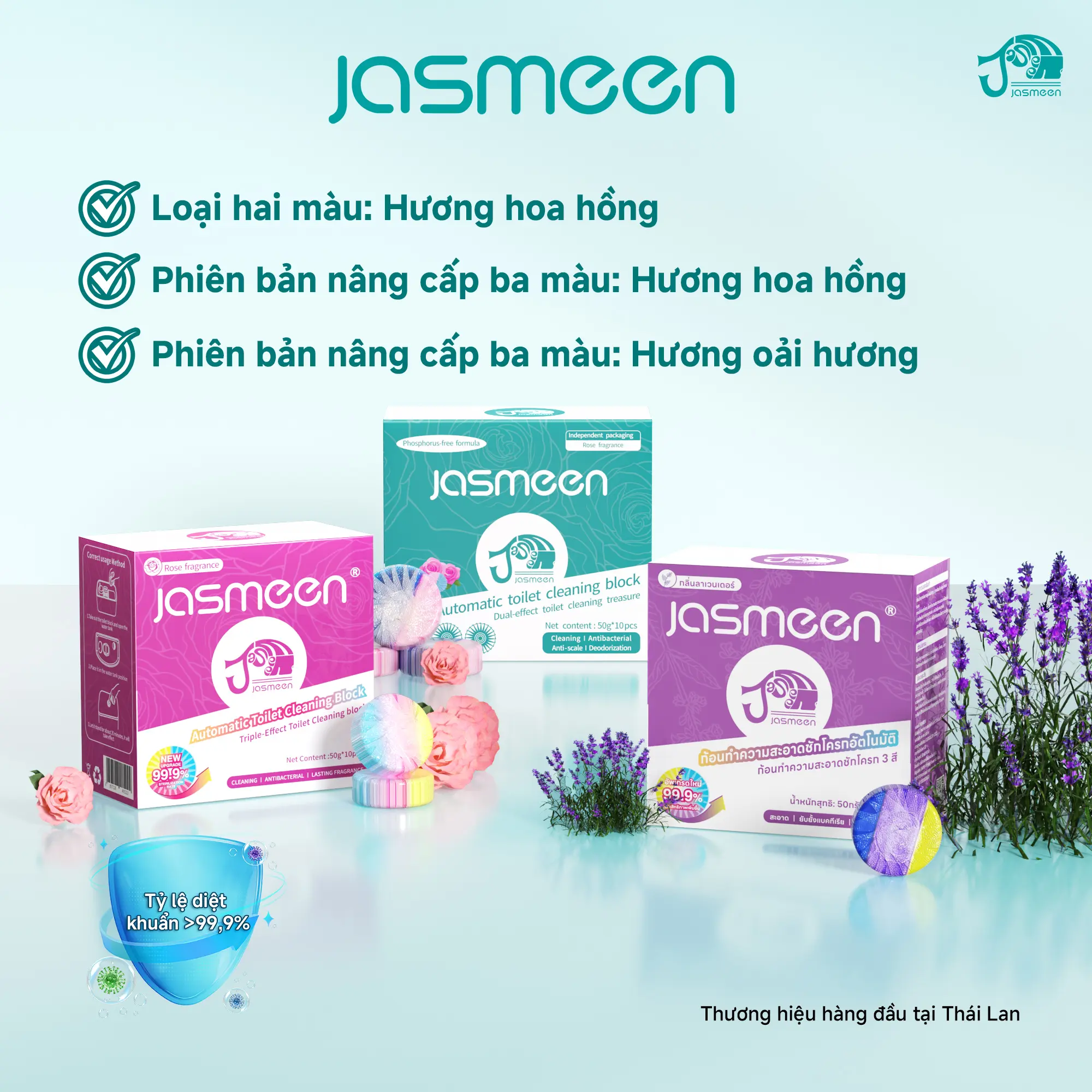 JASMEEN VIÊN SẠCH TOILET 3 MÀU- LÀM SẠCH MẢNG BÁM-VẾT Ổ VÀNG,-KHỬ TRÙNG- KHỬ MÙI BỒN CẦU THẾ HỆ MỚI-VIÊN THẢ BỒN VỆ SINH-TẤY ĐA NĂNG-NƯỚC TẨY RỬA BỒN CẦU-GEL THƠM BỒN CẦU-VIÊN TREO THƠM BỒN CẦU- nuoctay boncau