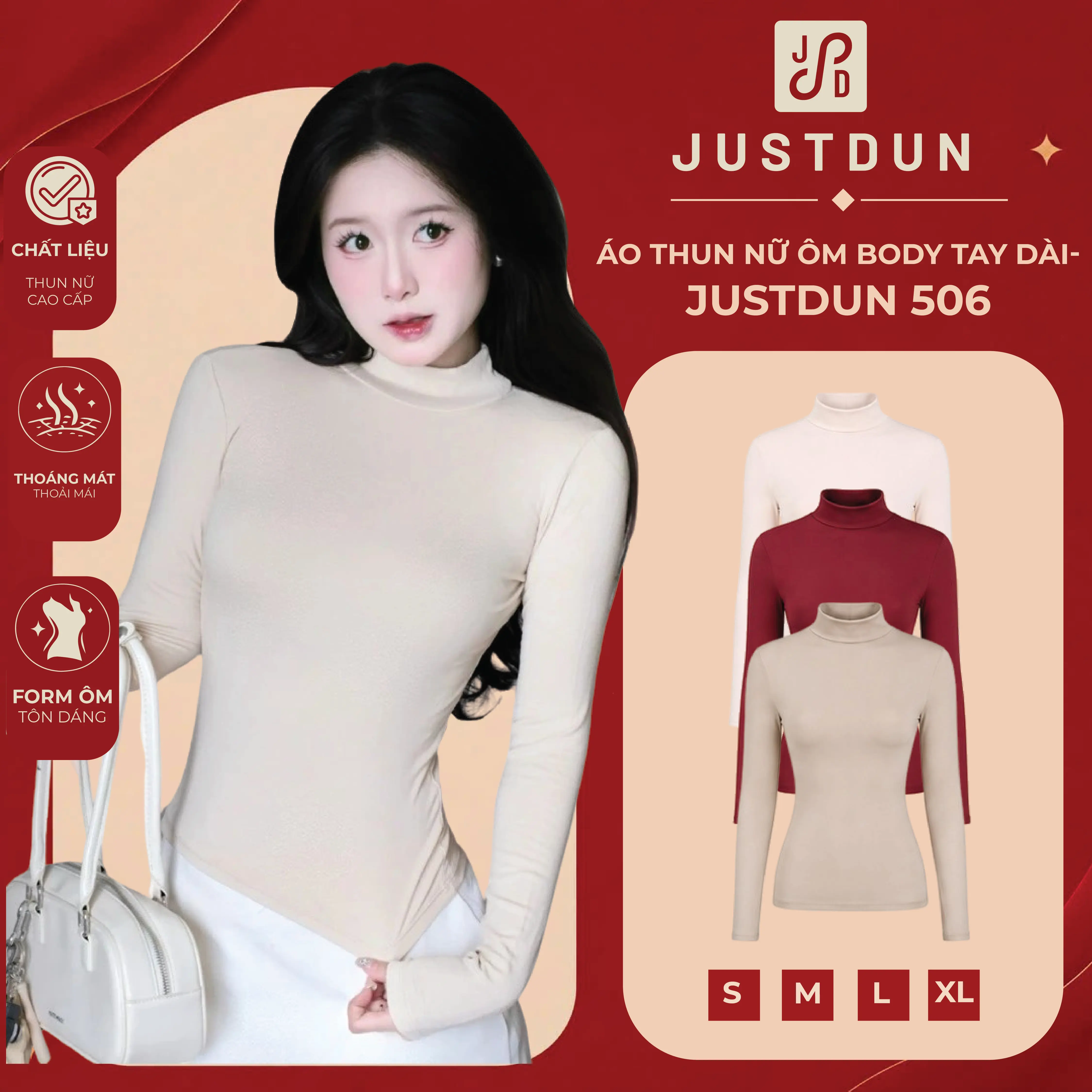 [DEAL XẢ KHO] Áo Thun Nữ Ôm Body Tay Dài, Cổ Cao 5 Phân JUSTDUN 506 - Chất Cotton Mịn Cao Cấp, Co Giãn 4 Chiều