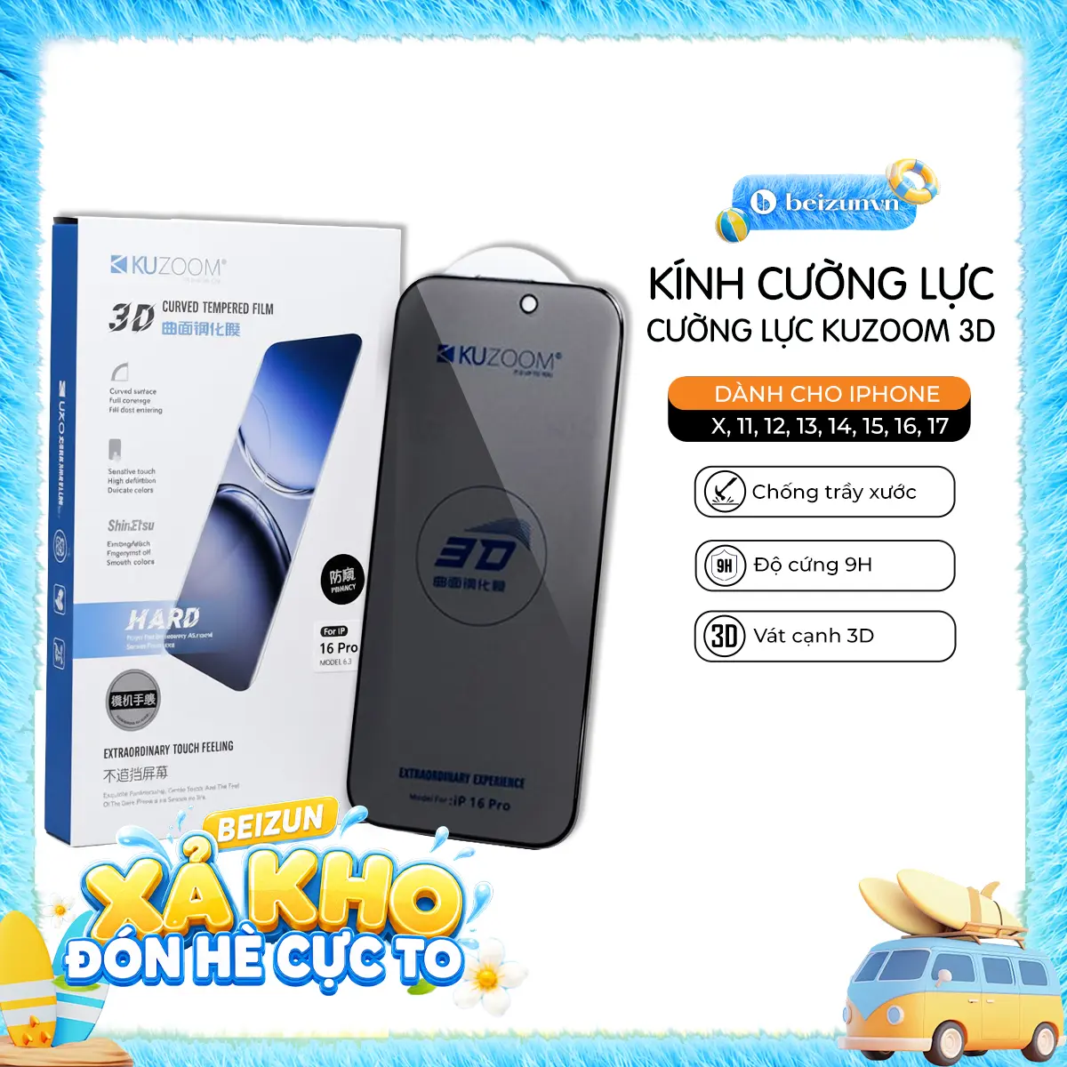 Cường Lực KUZOOM 3D CURVED Trong Suốt/Chống Nhìn Trộm dành cho iphne , viền bo cong ,  bảo vệ máy khỏi va đập trầy xước