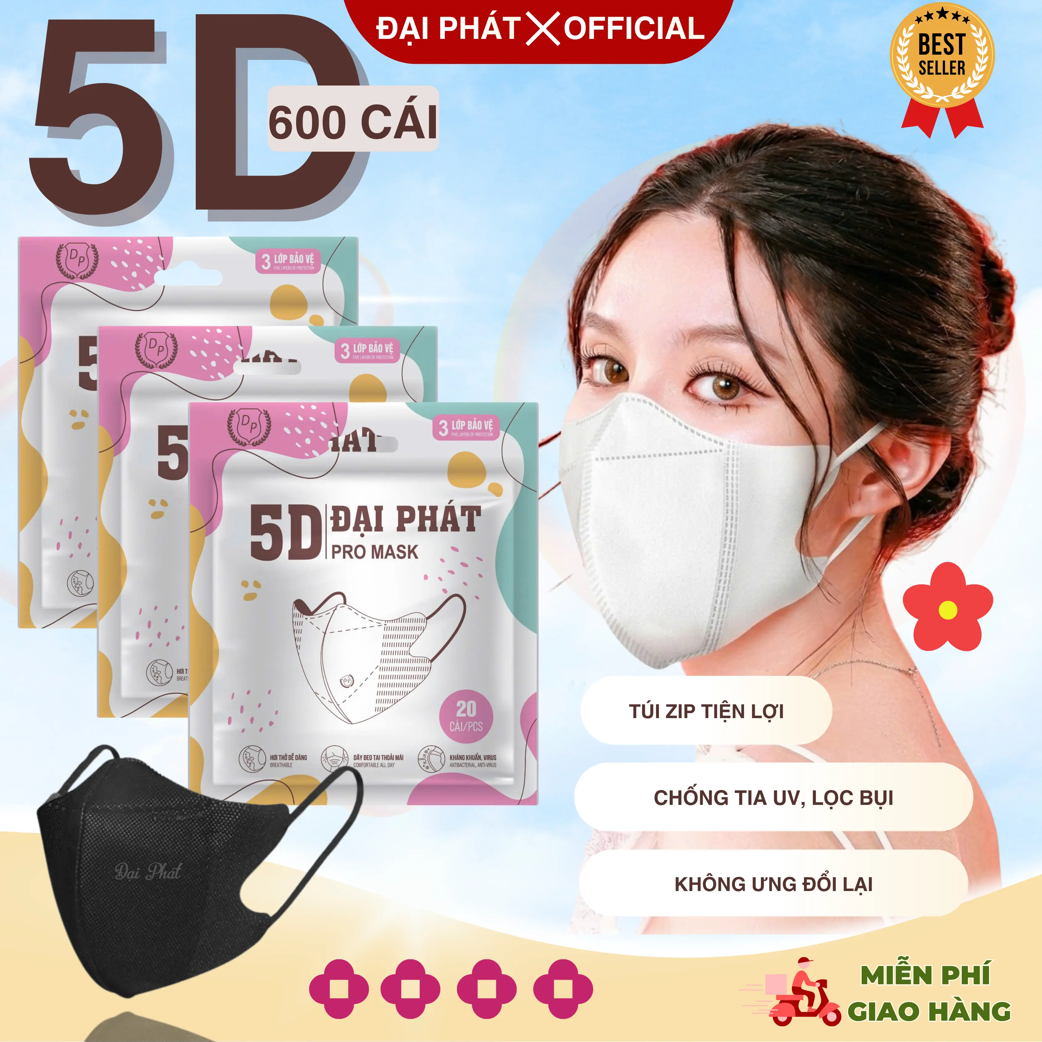 Thùng 600C [Tặng 20C 5D] Khẩu Trang Đại Phát Mask - Kháng Khuẩn - Lọc Bụi Mịn - Chống Tia UV - Chống Nắng - Women (20 Cái /Túi Zip) Phụ Kiện - Hợp Thời Trang