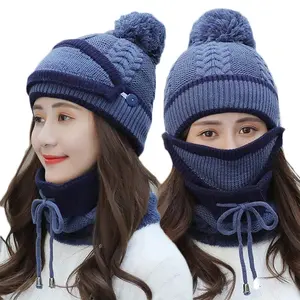 Topi Rajut Syal Masker 3 in 1 Bulu Hangat Menutupi Telinga Dengan Pom Murah