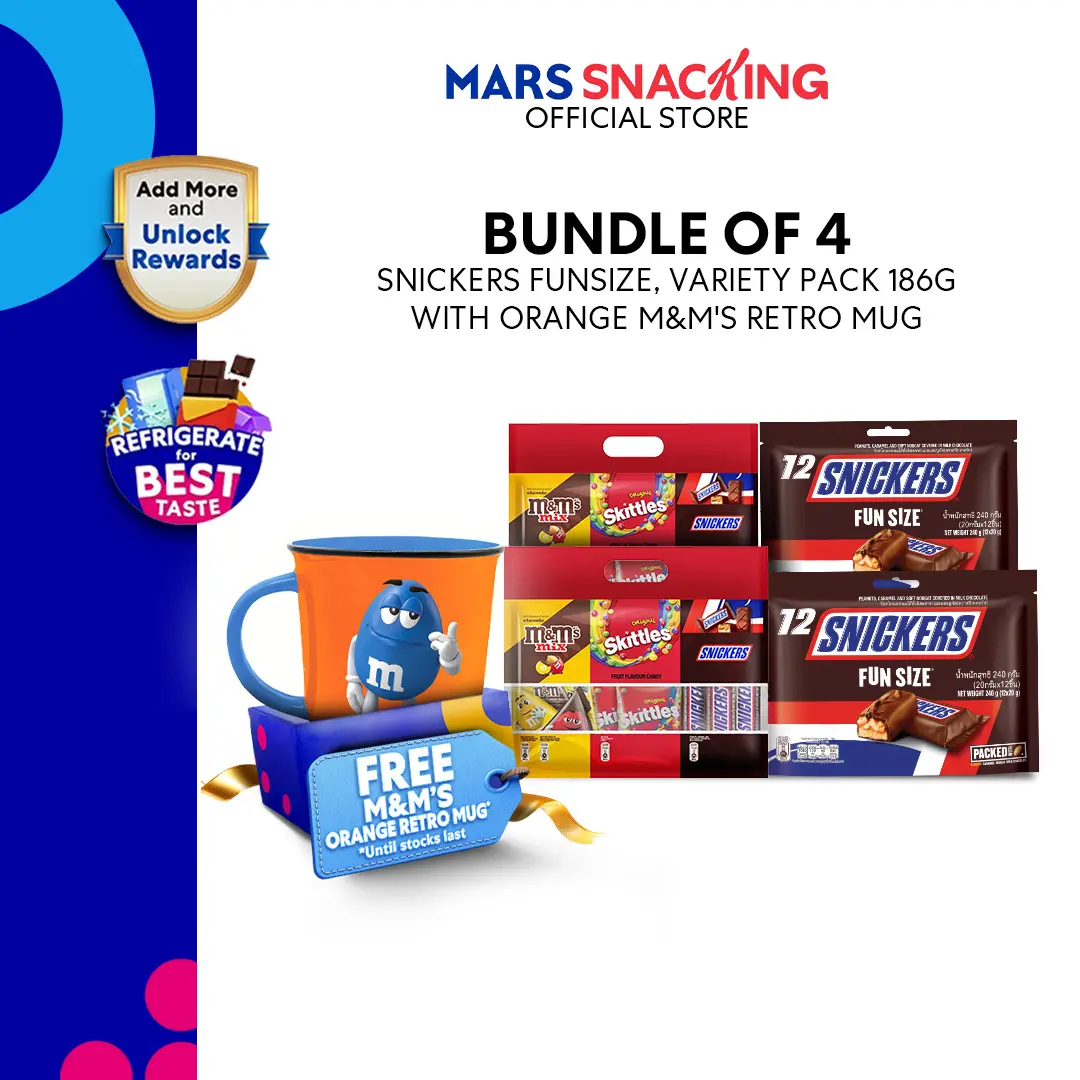 SNICKERS Funsize, Variety Pack 186g [Bundle of 4] with Orange M&M's Retro Mug 
