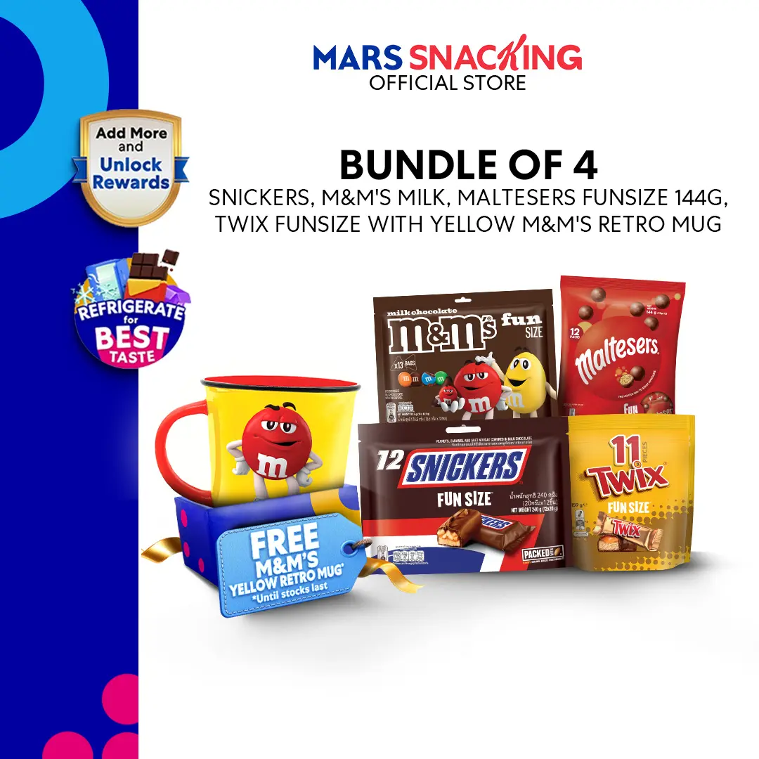 Snickers, M&M's Milk, Maltesers Funsize 144g, Twix Funsize [Bundle of 4] with Yellow M&M's Retro Mug 