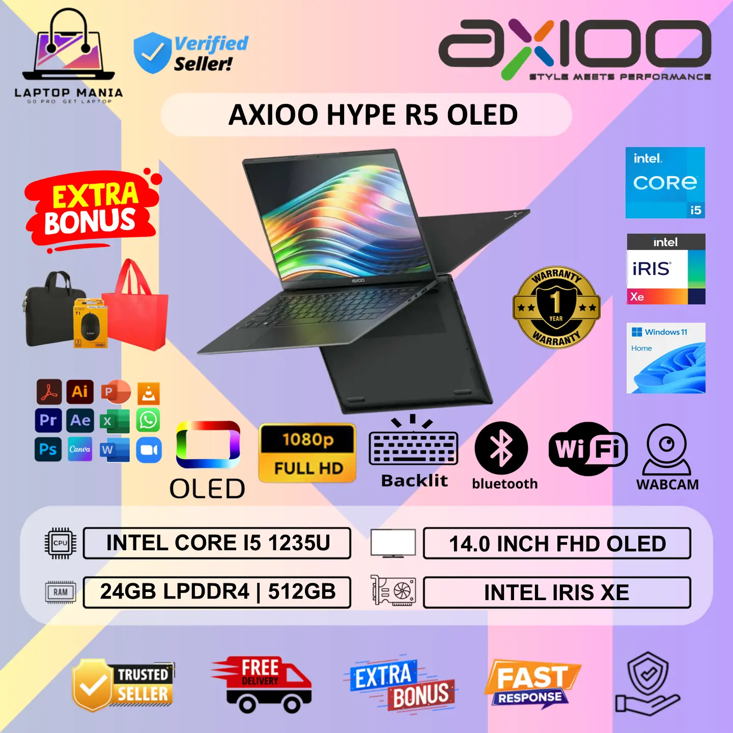 Axioo Hype R3/R5 Oled Intel i5 1235U RAM 24GB 512GB SSD Full HD Backlit ...