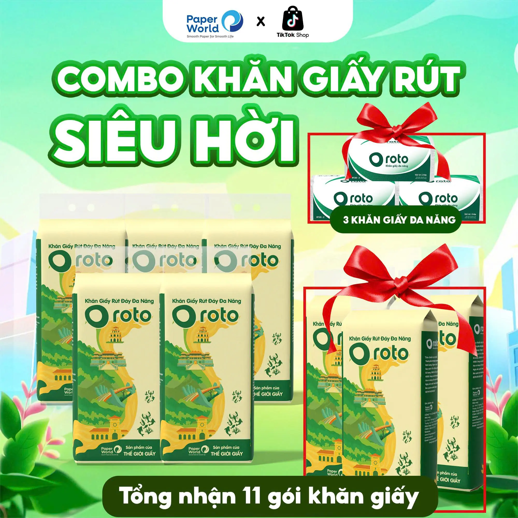 [MUA 5 TẶNG 3 - TẶNG THÊM 3 GÓI LAU TAY ]] Giấy rút đa năng cao cấp Roto rút treo tuờng 1280 tờ 4 lớp 320 lần rút, bột giấy nguyên sinh | Thế Giới Giấy | RT1280.