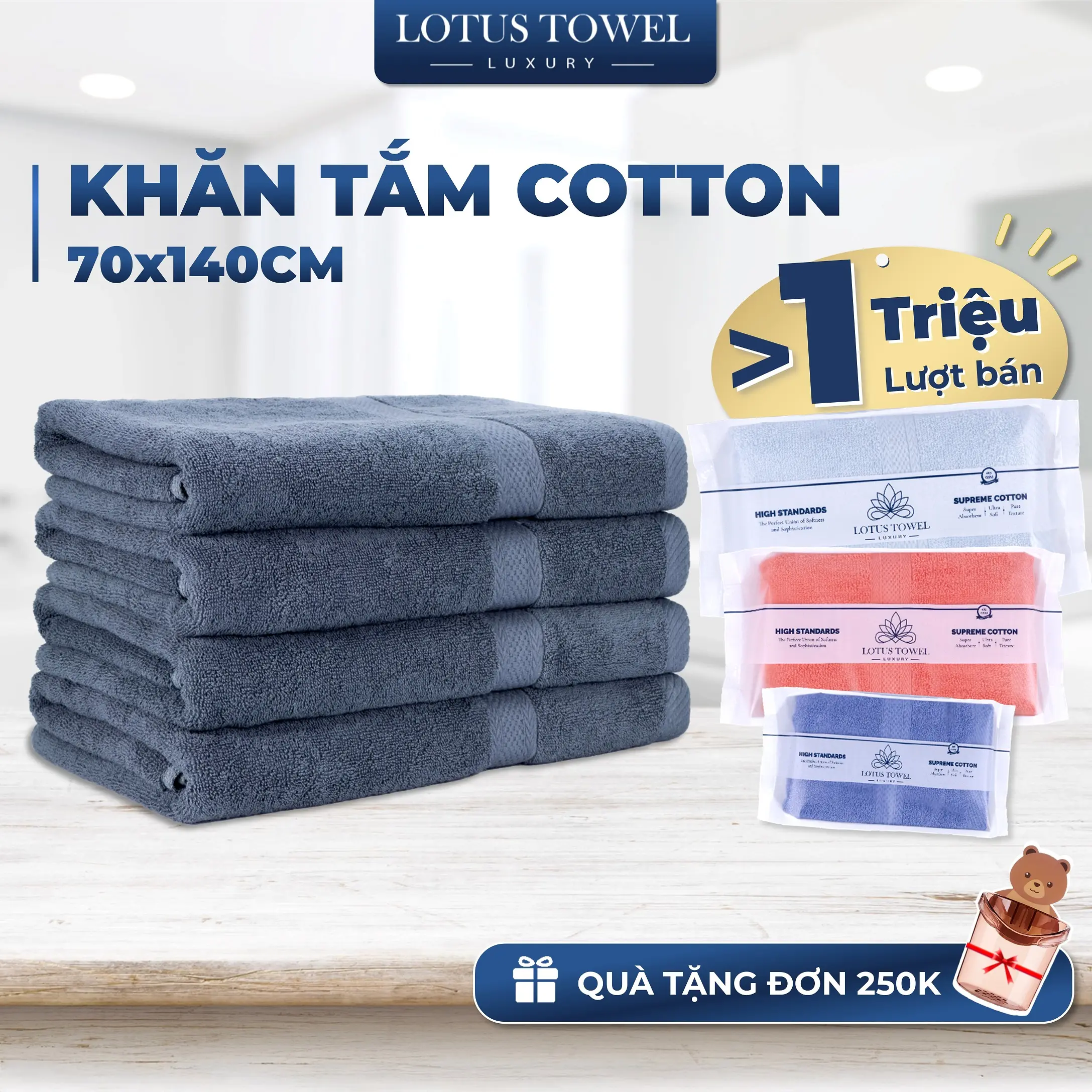Khăn Tắm Lớn 70x140cm LOTUS TOWEL Làm Từ Sợi Cotton Cao Cấp Mềm Mịn, Thấm Hút, Không Ra Màu Dùng cho Nhà Tắm, Spa, Khách sạn, Resort
