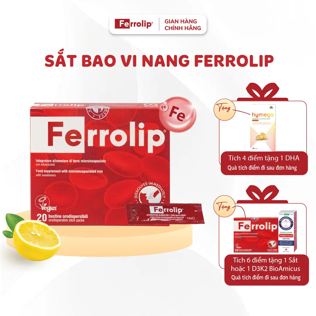 Sắt bao vi nang Ferrolip - Bổ sung sắt cho mẹ bầu, mẹ sau sinh -  1 hộp 20 gói
