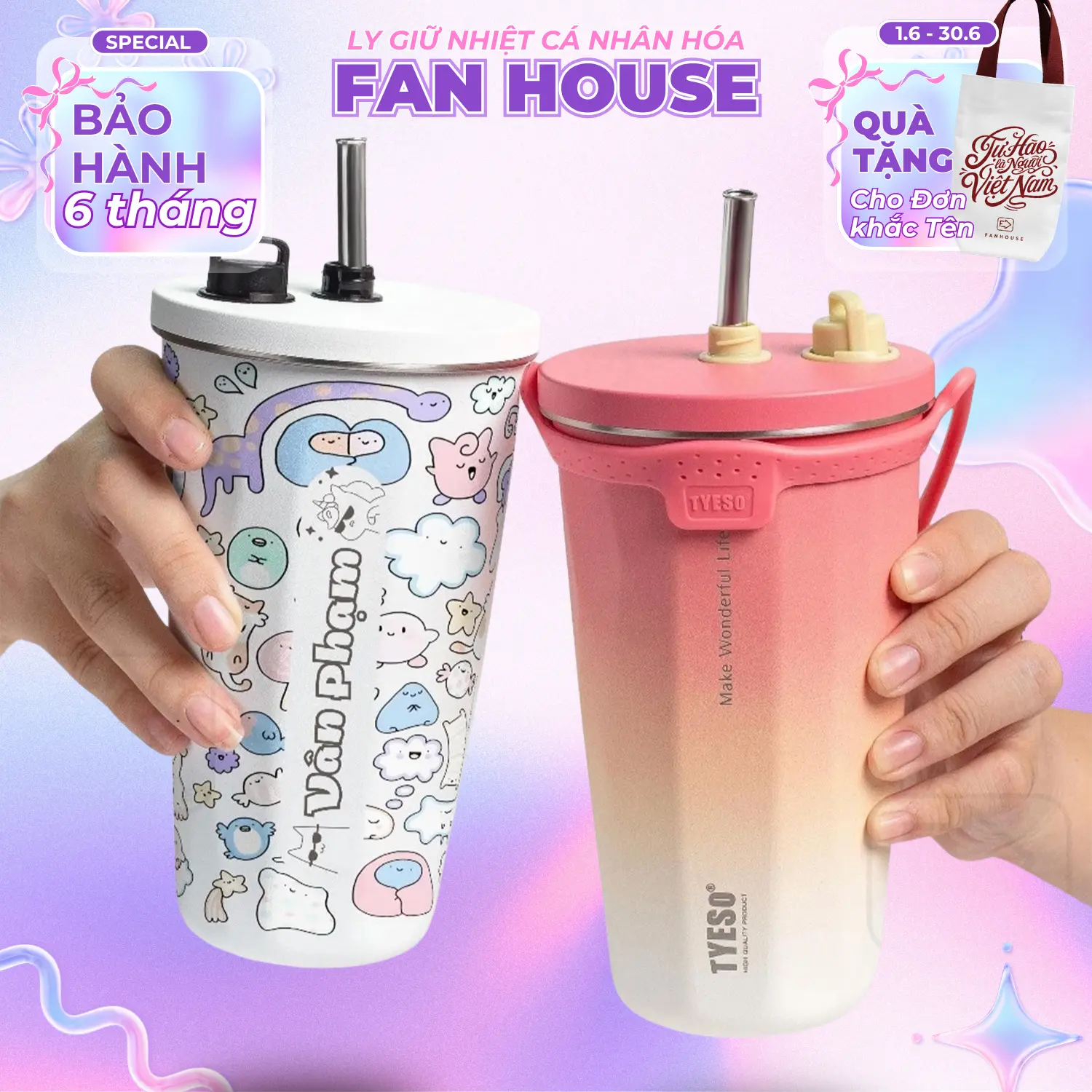 [Tặng Túi Canvas Khi Khắc Tên] FANHOUSE Ly Giữ Nhiệt Tyeso Wonder 600ml Inox 304 Khắc Tên Theo Yêu Cầu Dung Tích 600ml Giữ Nhiệt 12h Fan House