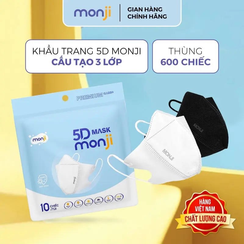 Monji Khẩu Trang 5D Cao Cấp 600 Hoặc 400 Chiếc 1 Thùng 3 Lớp Lọc Khẩn Chống Bụi Phấn Hoa Thiết Kế Ôm Sát Mặt Việt Nam