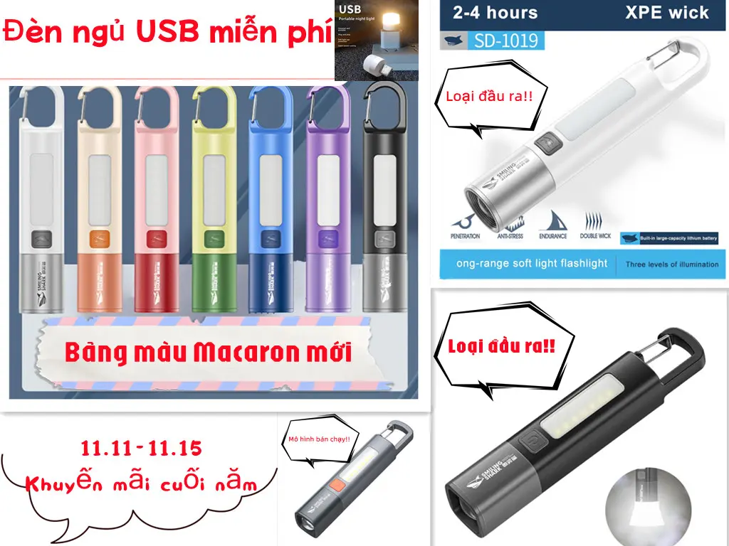 Đèn pin LED, Siêu sáng (1200mAh) Có Thể Thu Phóng, Có Thể Sạc Lại USB  Với đèn COB bên Thiết kế móc