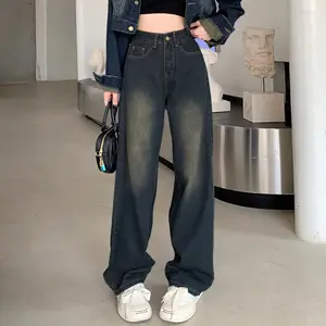 Retro Straight Celana Jeans Panjang Wanita Terbaru 2026 Loose High Waisted Wide Leg Denim Pants 2206#