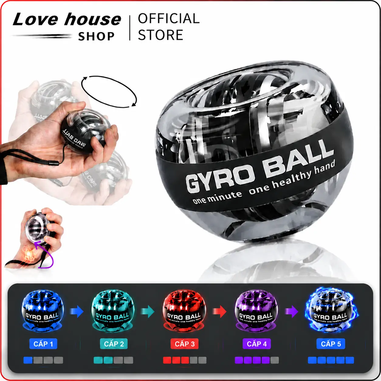 Bóng Tập Cổ Tay Gyro - Phòng GYM Thu Nhỏ! Đèn LED, 5 cấp độ từ 2000-10000 RPM. Tăng sức mạnh, giảm căng thẳng - Hoàn hảo cho cầu lông & thể thao