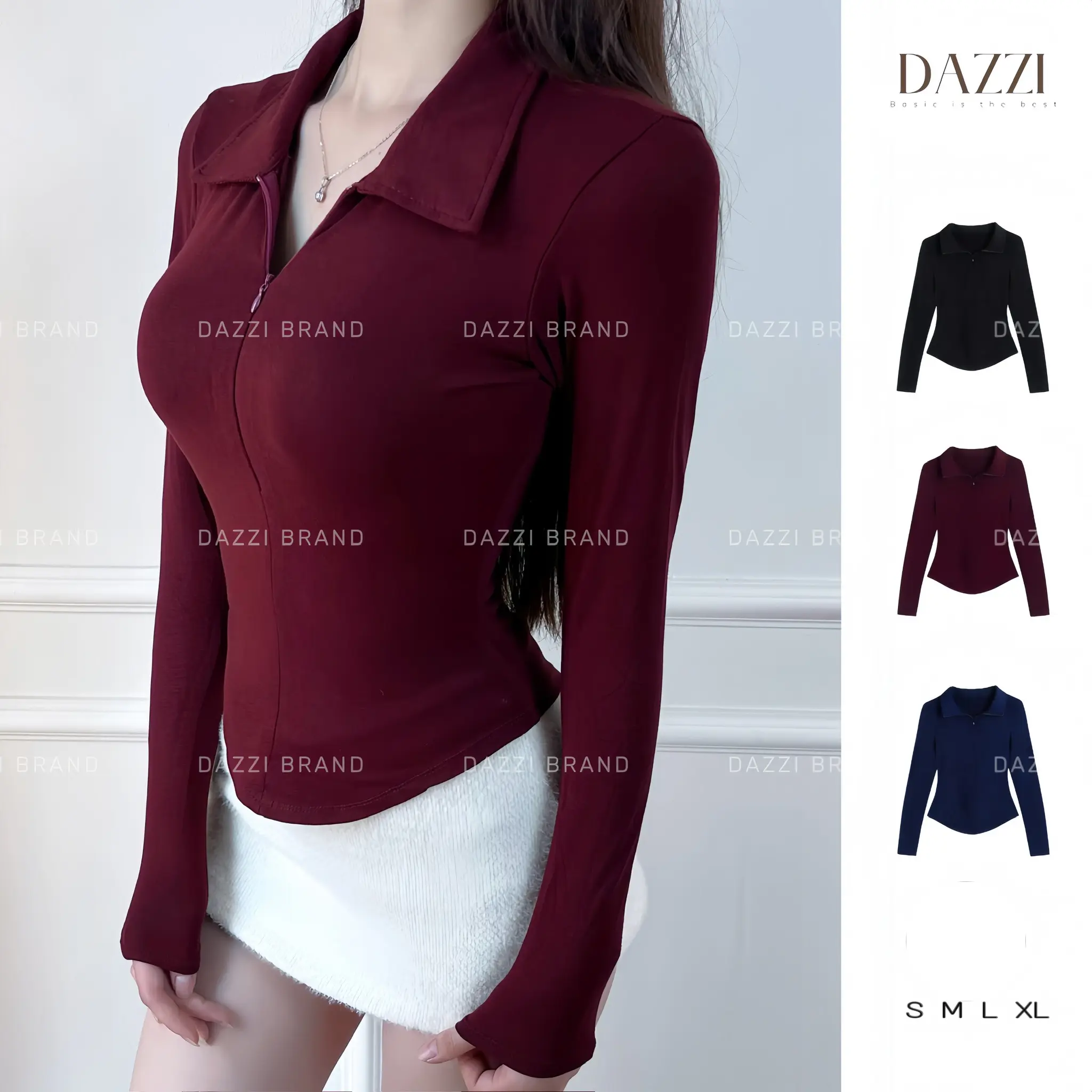 Áo thun nữ cổ bẻ tay dài phối dây kéo ôm dáng vạt bầu vải cotton mịn DAZZI Polo Women TD022