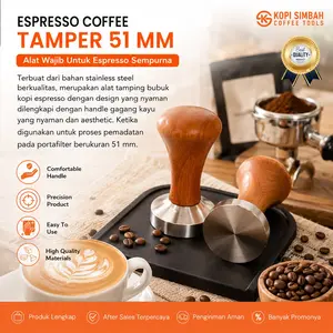 Tamper Mesin Espreso 51mm Stainless Steel Gagang Kayu Espresso Coffee Tamping Tools Alat Press Tamp Bubuk Kopi