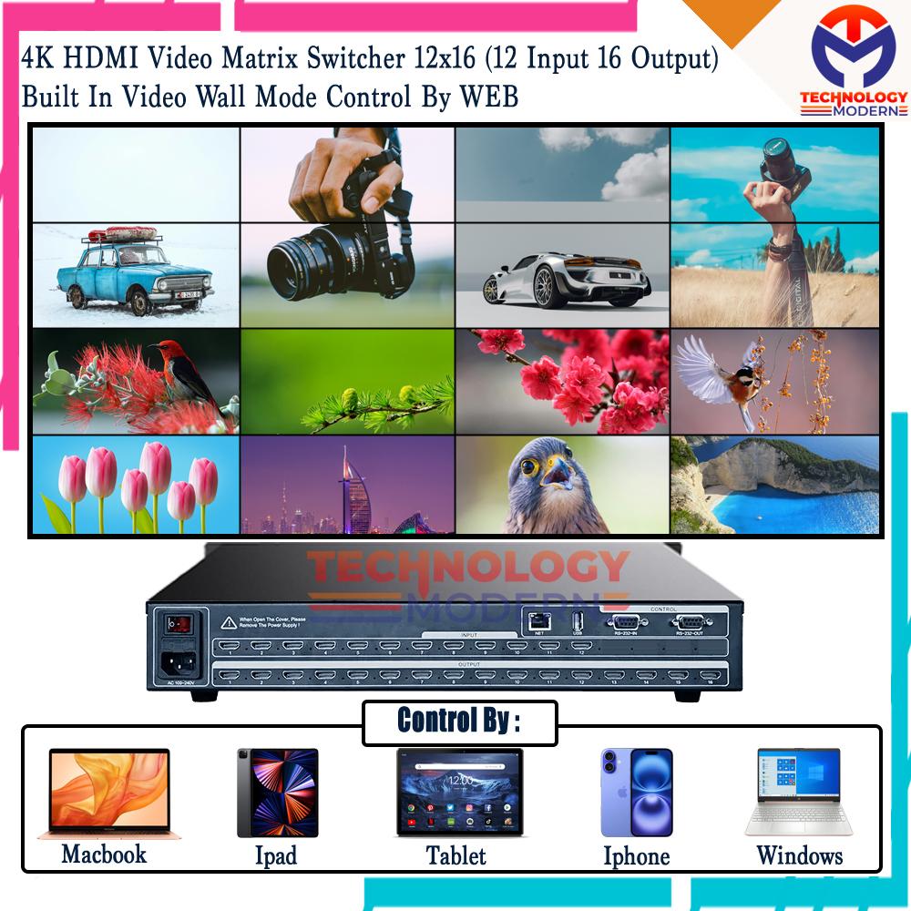 4K HDMI Video Matrix Switcher 12x16 (12 Input 16 Output) Built In Video Wall Controller 4x4 with Customize Preset