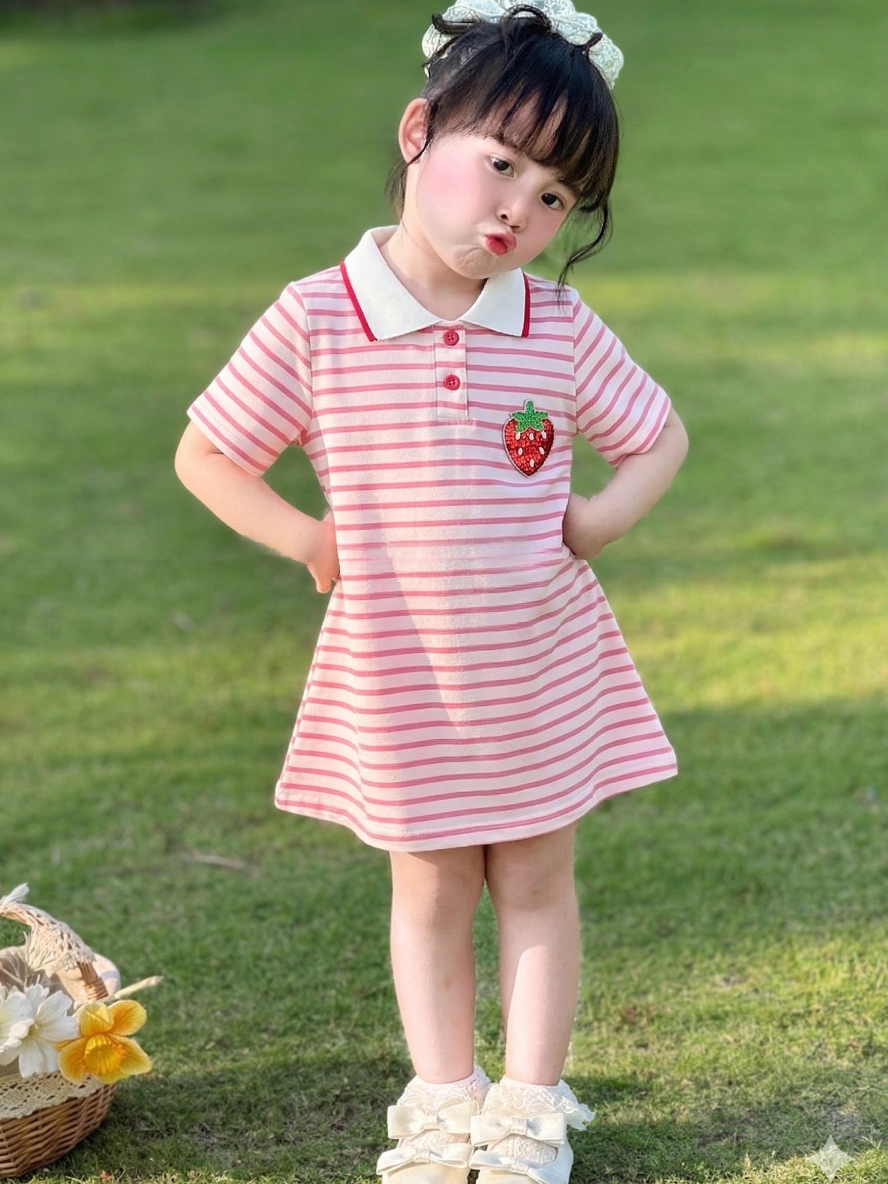 Váy Bé Gái Mùa Hè Kẻ Sọc Tay Ngắn – Váy Công Chúa Sọc Preppy Cổ POLO Dễ Thương