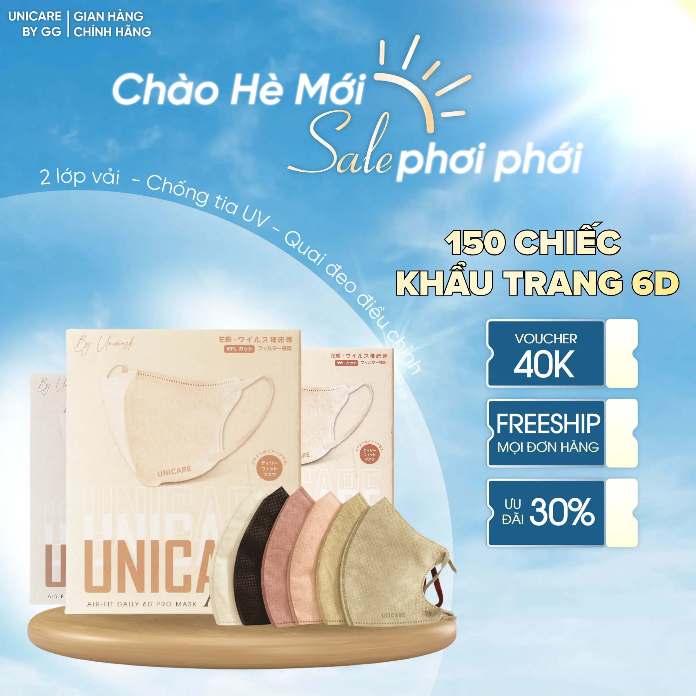 [ SALE ĐÓN HÈ] Combo 150 Khẩu Trang 6D Pro Unicare | Siêu Mỏng Mềm, Che Mặt Bảo Vệ Da | 6 Màu | Phụ Kiện Women Accessories