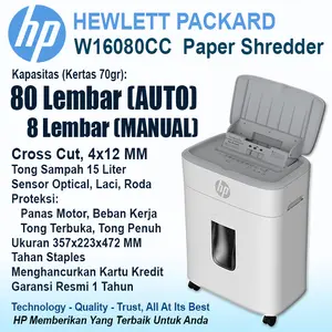 HP 16080 Otomatis & Manual, Penghancur Kertas - Paper Shredder (Hewlett Packard), Kapasitas 80 lembar, Cross Cut 4x12 mm, HP W16080 | Original - Official Store