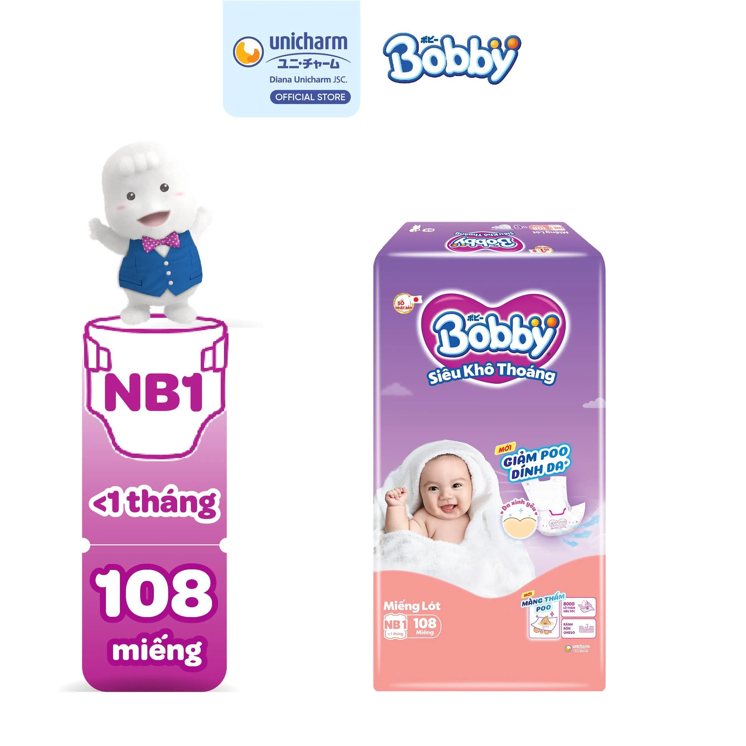 Bobby Miếng lót sơ sinh Newborn 1 - NB1 (108 miếng/64 miếng/28 miếng) Siêu khô thoáng (bao bì ngẫu nhiên)