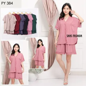 Sans Fashion - Setelan Baju Tidur Wanita Spandek Jersey / Setelan Celana Pendek Renda Dada Full Kancing Hidup LD 120 - 130CM PY 384
