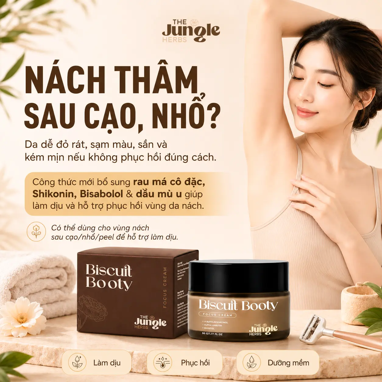 Kem hỗ trợ mờ THÂM, giảm MỤN vòng 3, nách, bẹn, giảm CHAI SẦN, giúp da MỀM MỊN Biscuit Booty - THE JUNGLE HERBS [CÓ CHE TÊN] | BigBuy360 - bigbuy360.vn