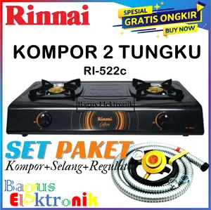 Rinnai Kompor Gas 2 Tungku RI522C+Selang Gas+Regulator Meter Kompor Gas Stove 2 Tungku Teflon RI-522 C - Hitam