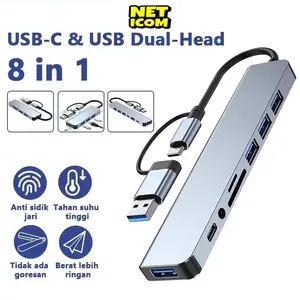 NETICOM 8In1 Converter Type C Hub Adapter Multi USB HUB Type-C to USB*4+SD+TF Card Reader+3.5mm Audio Output