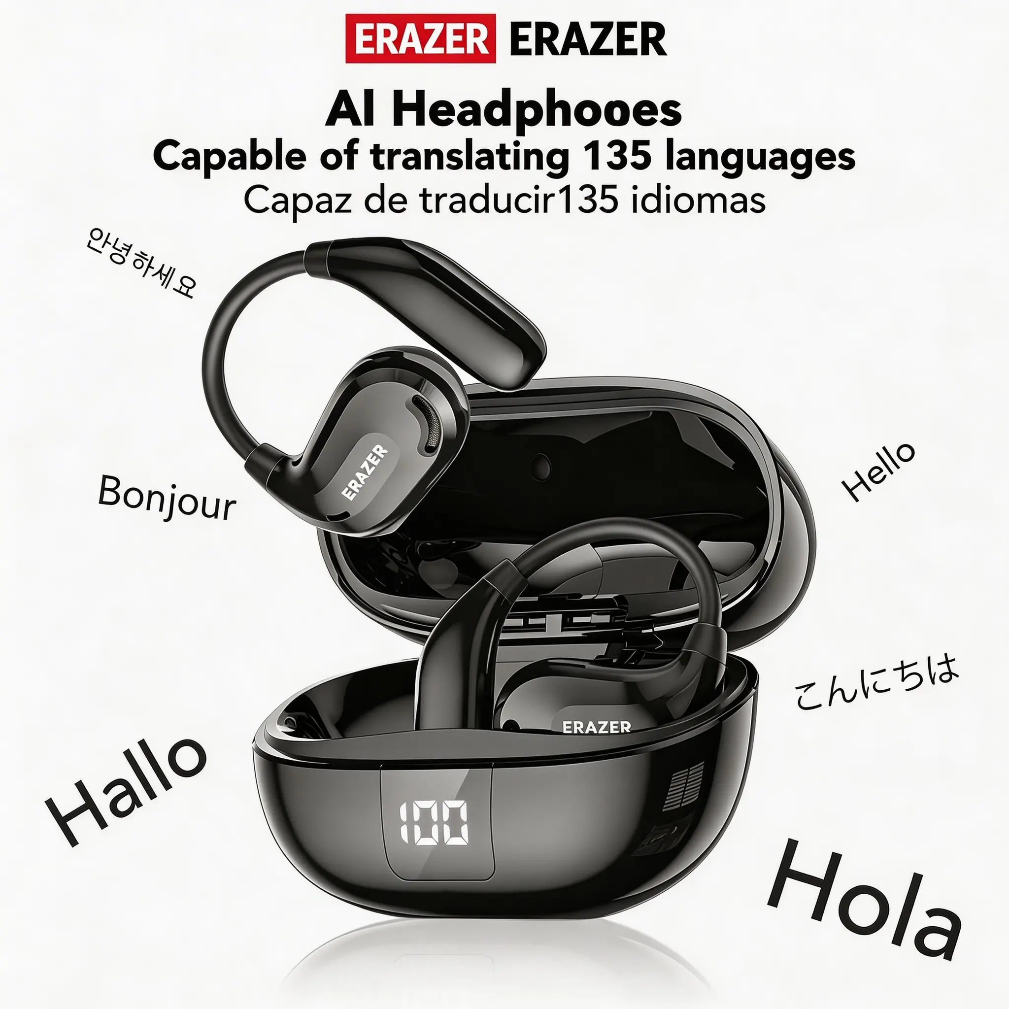 Tai nghe XT66PRO OWS,  ERAZER, Tai nghe đồng thời thông minh AI, có thể dịch 135 ngôn ngữ, Màn hình điều khiển kỹ thuật số, Tùy chọn nhiều màu sắc, Gọi HD, Chất lượng âm trầm tuyệt vời, Đi kèm với bảo hành 2 năm