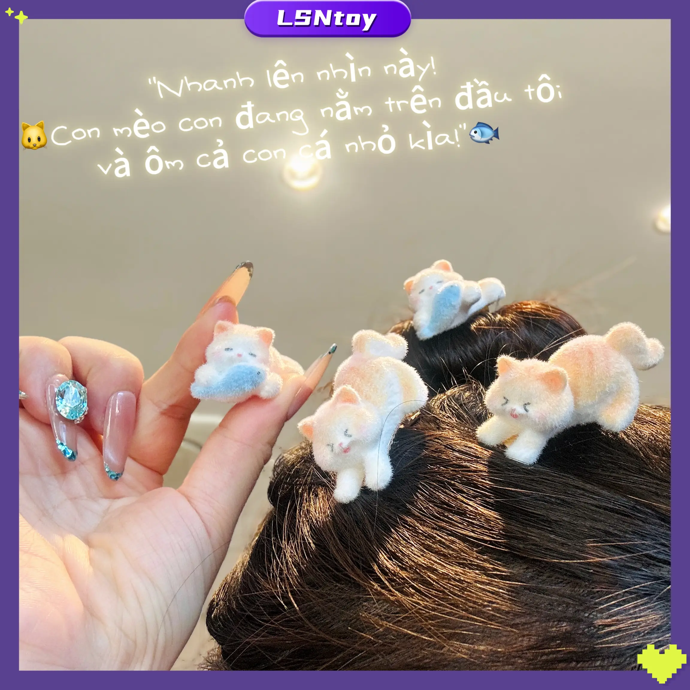 LSNtoy - Kẹp tóc mèo nhung dễ thương, hình mèo ăn cá, phụ kiện xinh cho nữ, quà tặng bạn gái
