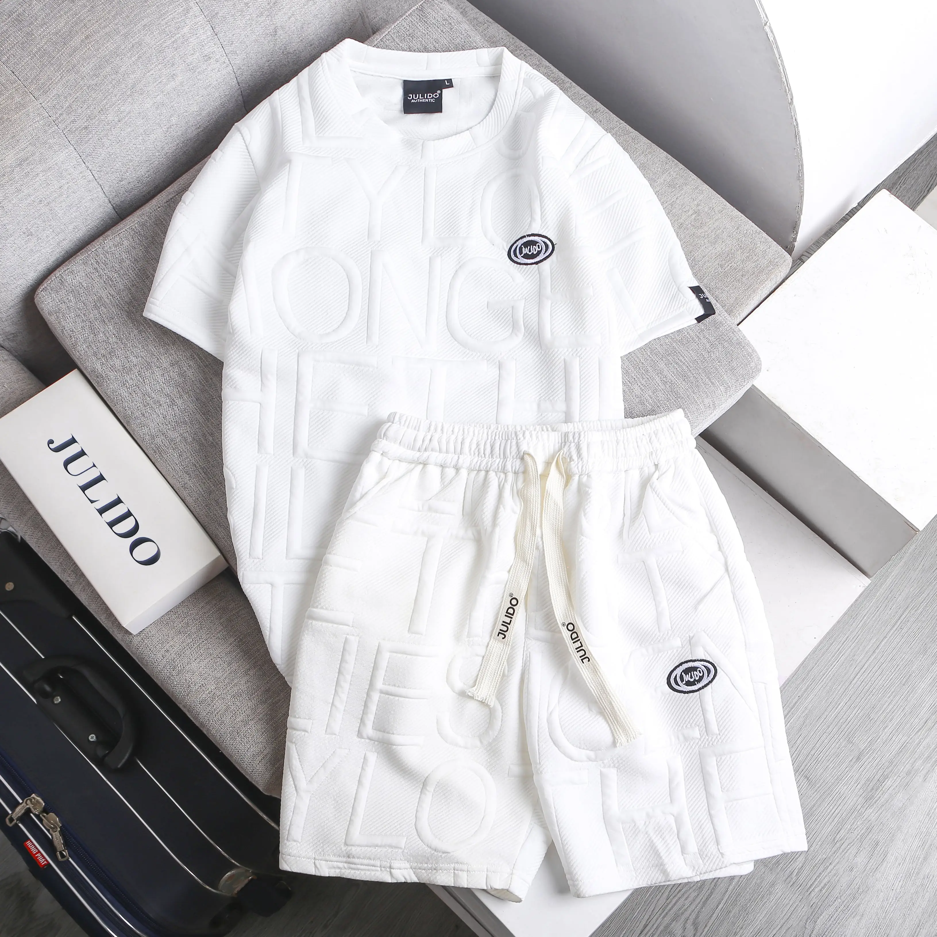 Bộ quần áo nam nữ JULIDO, chất vải xốp hình kẻ sọc mua hè logo thêu Tay ngắn Menswear đen l thường