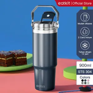 Eatkit Tumbler Stainless Steel 900ml Hitam & Hijau Botol Minum Vacuum 2in1 dengan Handle Silikon Tahan Panas & Dingin 24 Jam Portable untuk Travel Gym dan Sehari-hari